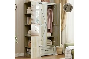 ANCTOR Armoire Wardrobe Closet with Mirror, 70" H Wooden Bedroom Armoires and Wardrobes with 2 Doors, 5 Shelves，Hooks and Drawer, Clothing Storage Cabinet with Hanging Rod, Rustic Maple