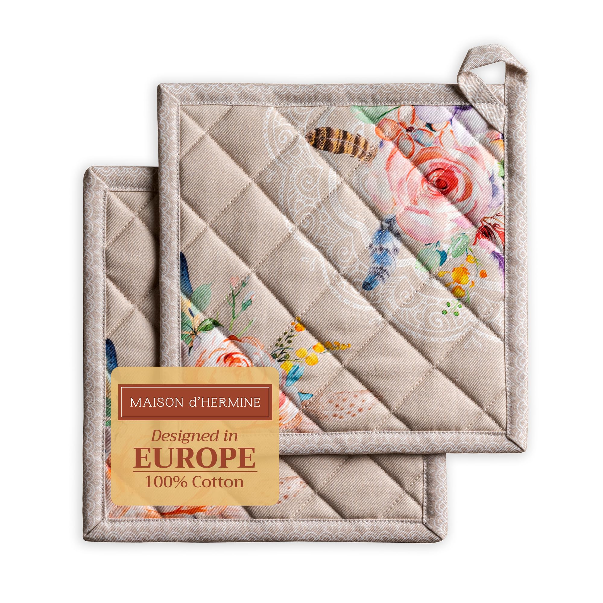 Maison d' Hermine Ibiza Set of 2 Pot Holders 100% Cotton for Barbecue, Baking, Oven, Microwave, Grilling, Spring/Summer, Easter (Beige, 20 cm x 20 cm)