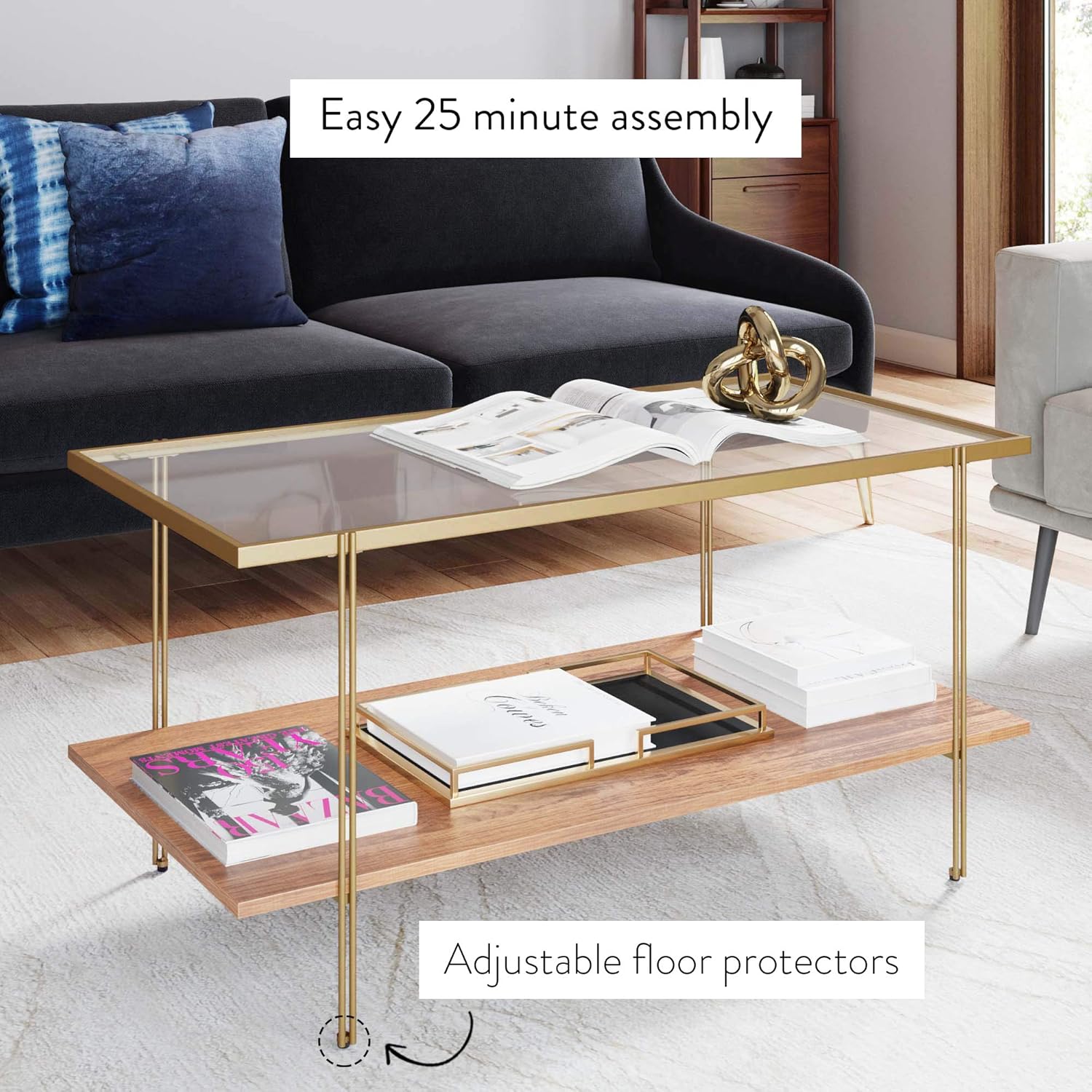 Nathan James Asher Mid-Century Rectangle Coffee Table Glass Top and Rustic Oak Storage Shelf with Sleek Brass Metal Legs, Gold: Furniture & Decor