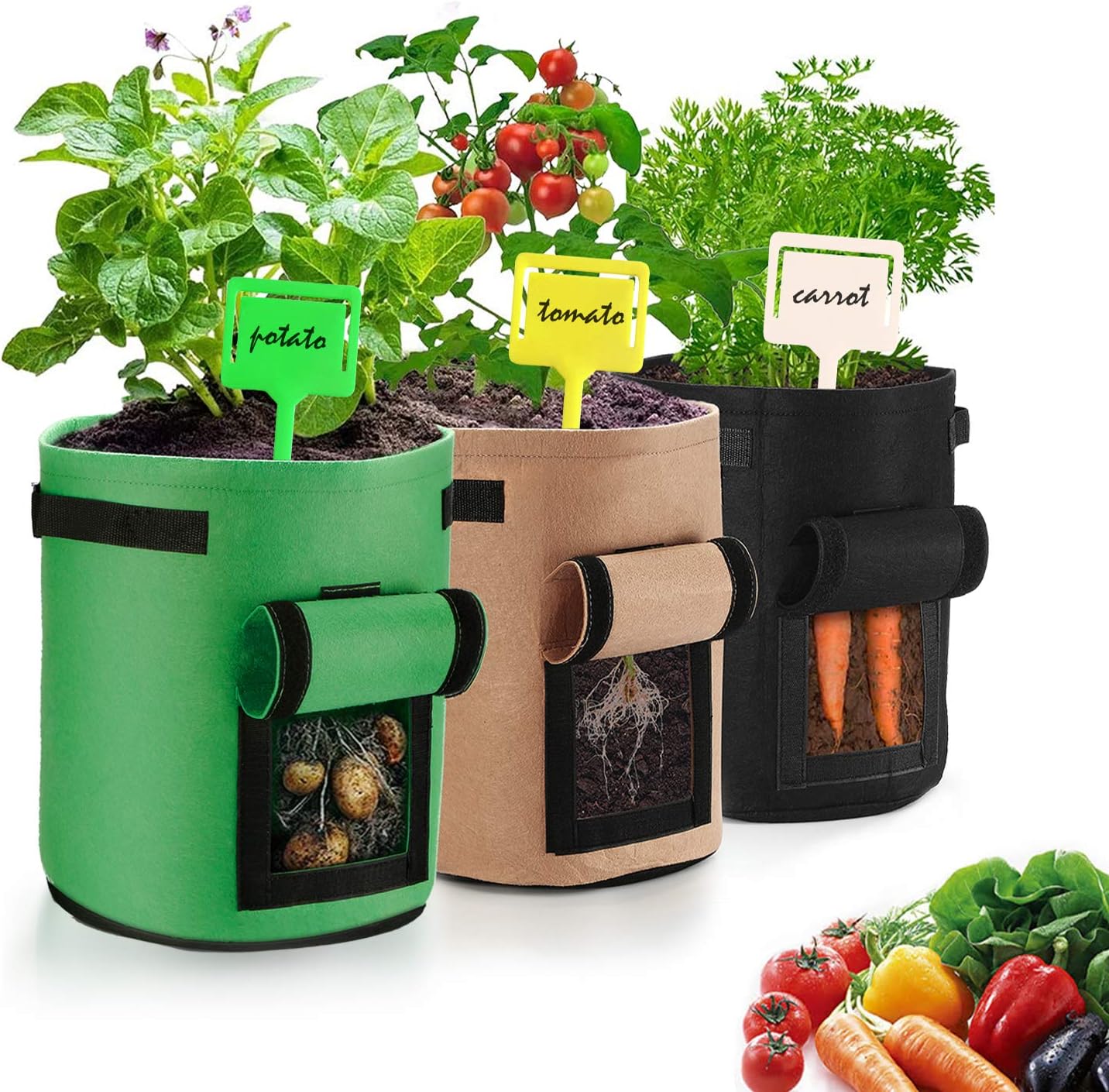 Aubliss 3 Pack 7 Gallon Potato Grow Bag, Tomato Carrots Vegetable Planter Pots, Thick Breathable Non-Woven Fabric Pots with Handle and Flap Window, Vegetable Planting Container for Indoor Outdoor