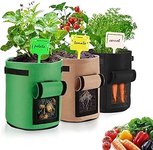 Aubliss 3 Pack 7 Gallon Potato Grow Bag, Tomato Carrots Vegetable Planter Pots, Thick Breathable Non-Woven Fabric Pots with Handle and Flap Window, Vegetable Planting Container for Indoor Outdoor