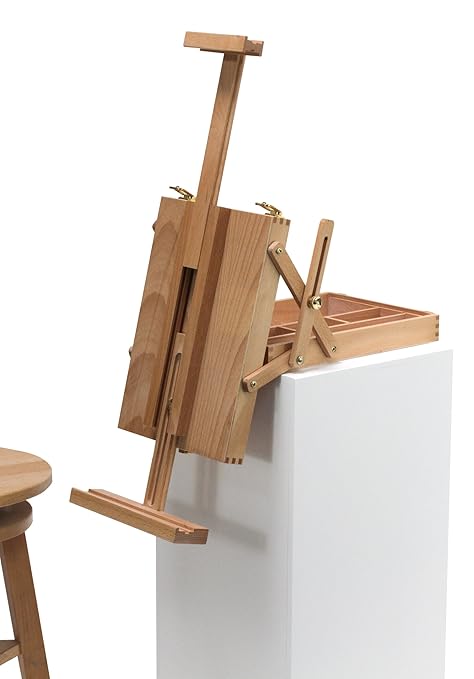 Tischstaffelei „Meran“ mit Malkoffer, aus Buchenholz (FSC), für Keilrahmen bis max. 70cm, Sitzstaffelei, Kofferstaffelei