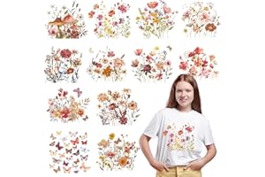 Rngmsi Dtf Transfers Ready to Press - 12 Pcs Flower Iron on Transfers for T-Shirts Boho Floral Iron on Patches Stickers Heat 