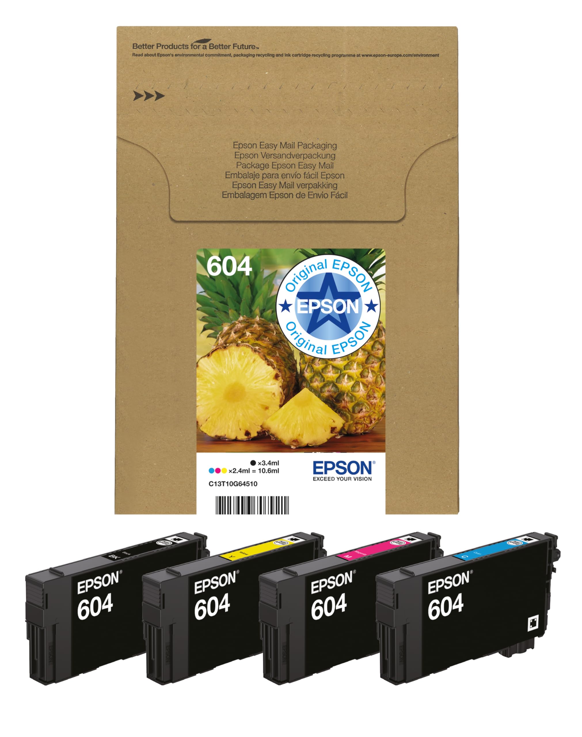 Epson Orginal 604 Tinte Ananas Multipack 4-farbig Standard, XP-2200 XP-2205 XP-3200 XP-4205 WF2910DWF WF2930DWF WF2950DWF, EasyMail, ReadyPrint Flex-Tintentarife