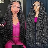 KVFCT 30 Inch Deep Wave Lace Front Wigs Human Hair 13x6 HD Transparent Deep Wave Lace Front Wigs for Women 200% Density Curly Lace Front Wig Pre Plcked Deep Wave Wigs with Baby Hair