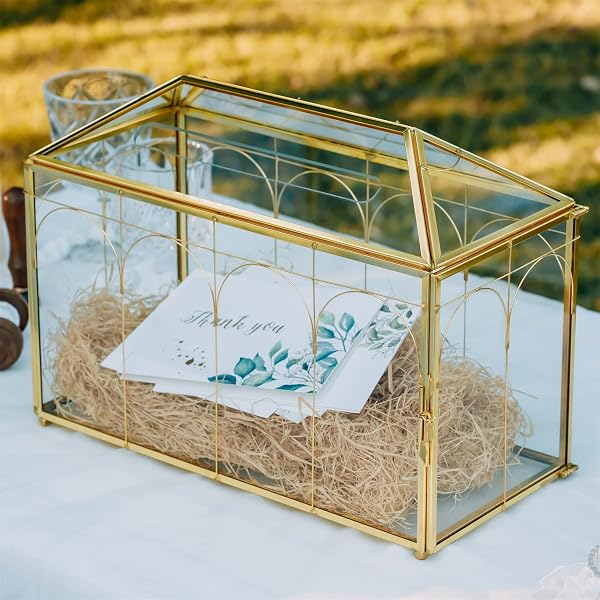 NCYP GLASS CARDS BOX WITH SLOT AND LOCK FOR WEDDING – 12.6″ X 5.9″ X 9″ GEOMETRIC VINTAGE ENVELOPS WISHWELL CARD HOLDER – TABLETOP RECEPTION, BIRTHDAY PARTY DECOR, GOLD (GLASS BOX ONLY)