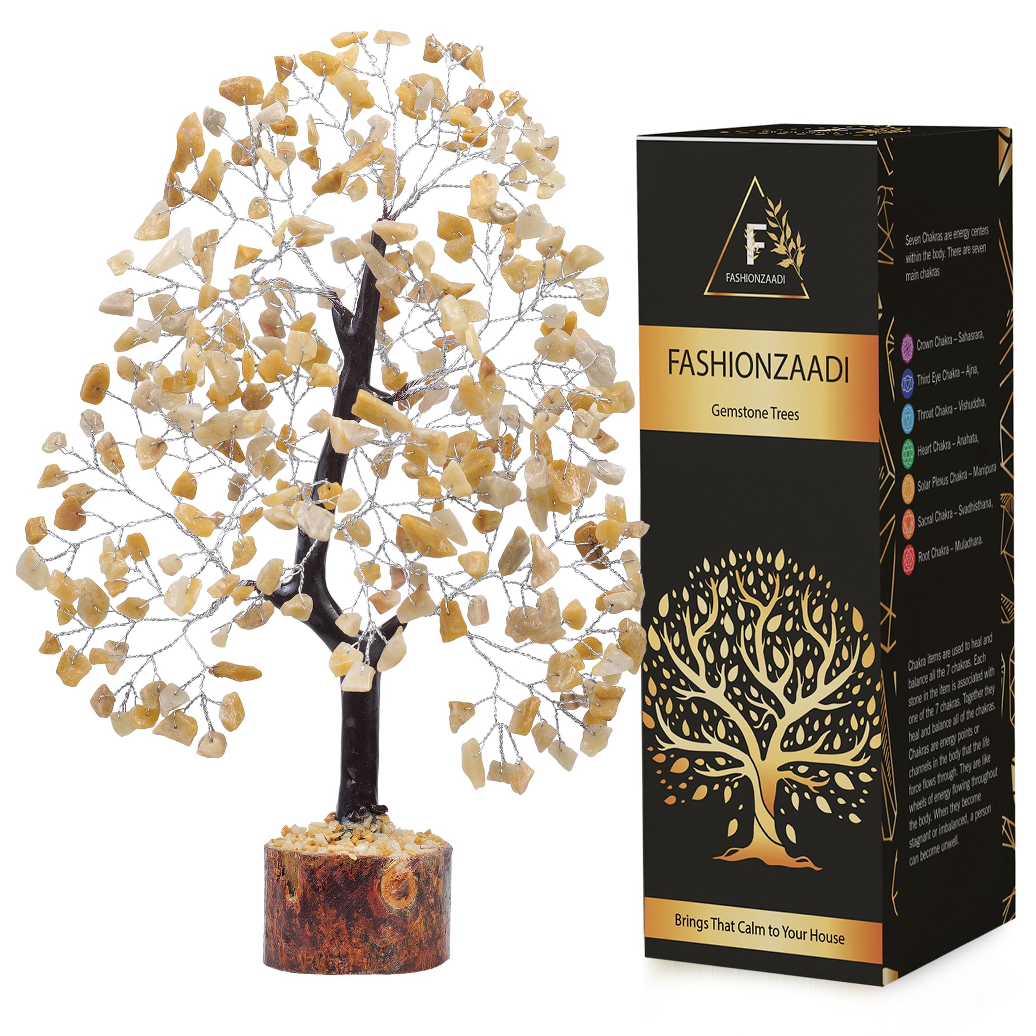 FASHIONZAADI Yellow Aventurine Gemstone Tree For Feng Shui Bonsai Reiki Healing Crystals Money Trees Chakra Balancing Stone Good Luck Crystal Home Decor Table showpiece size 10-12 inch (Silver Wire) — image 1