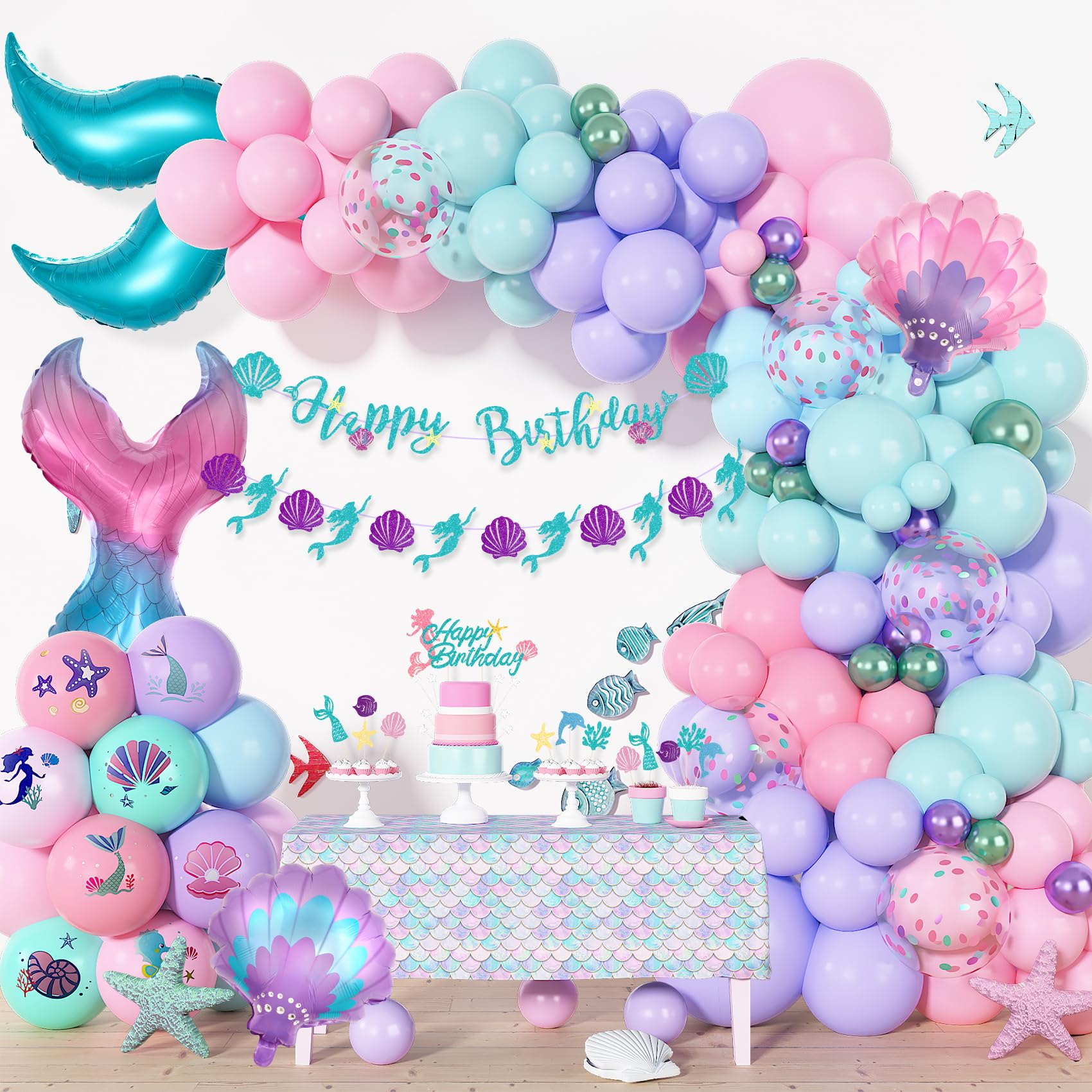 Photo 1 of Amandir 138Pcs Mermaid Birthday Party Decorations, Pink Purple Blue Mermaid Balloon Garland Arch Kit Birthday Banner Cake Topper Tail Shell Balloons Party Supplies for Girl
