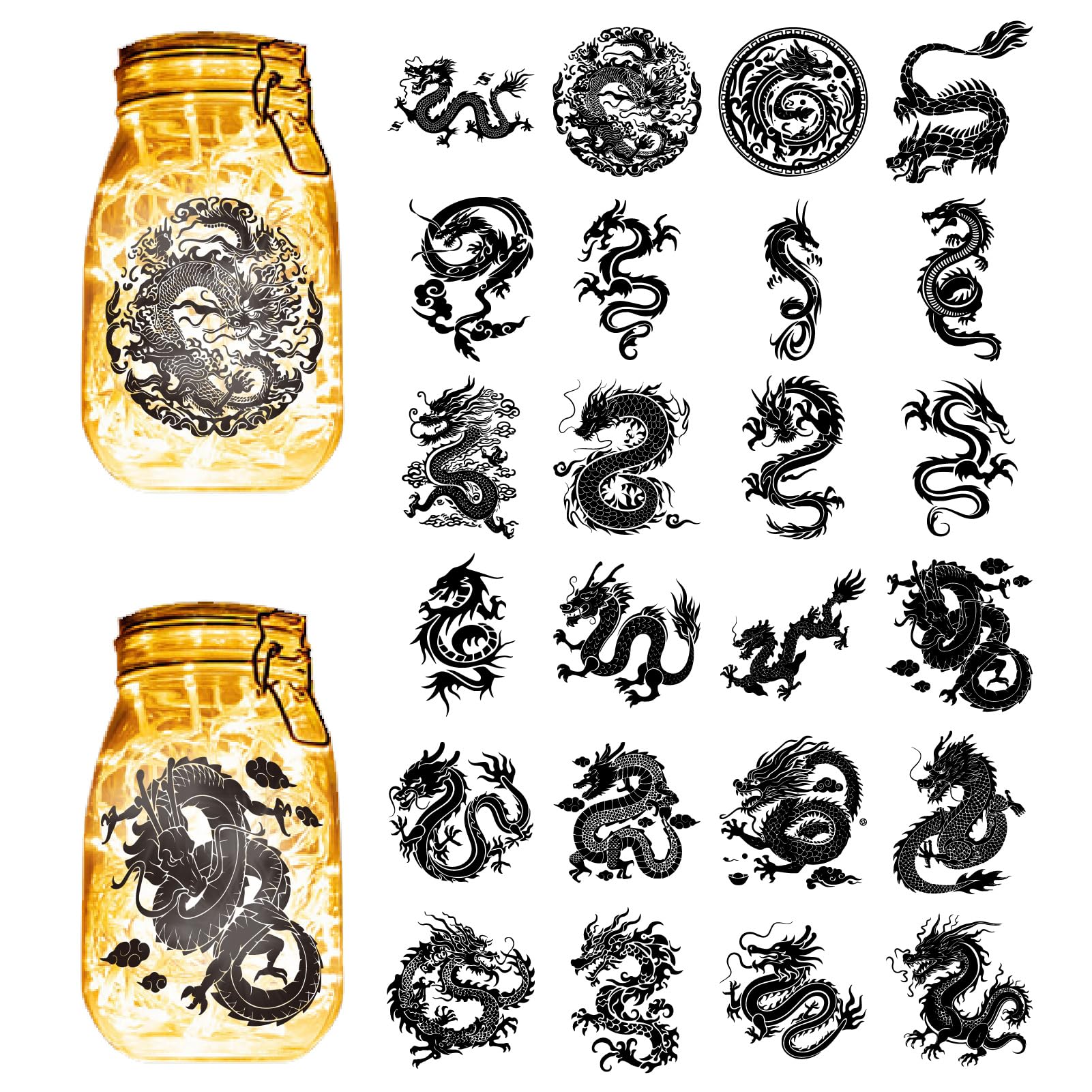 CREATCABIN 24Pcs Silhouettes Mason Jar Decor Chinese Dragon Laser Cut Cardboard Scrapbook Cutouts Die Cuts PVC for Crafting Lantern Jars Wall Painting Windows Glass Phones 3.9x3.5Inch-No Sticker