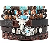 Fnirgexa Valentines Day Gifts for Him 6pcs Western Cowboy Leather Bracelet for Men Stackable Beaded Bracelets Charm Boho Bracelet Wristband Cowboy Accessories Jewelry Gift