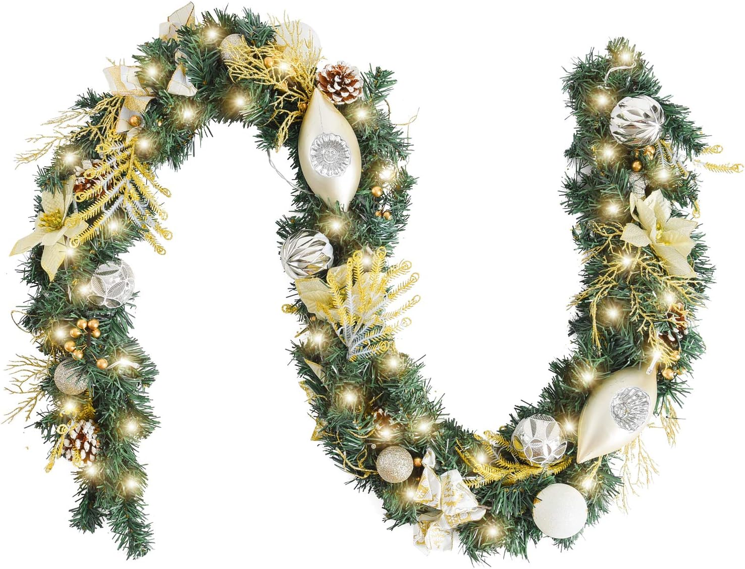 Wreaths, Garlands & Swags - WANNA-CUL Pre-Lit 6 Feet/72 Inch Christmas Garland for Front Door with Lights Champagne Gold Christmas Mantel Garland Decoration with Ball Ornaments, Poinsettia Flowers,Ribbon,Battery Operated 30 LED