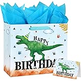 Yusenguan 13" Large Watercolor Dinosaur Birthday Gift Bag with Handles, Greeting Card and Tissue Paper for Boys, Girls, Kids Birthday Party