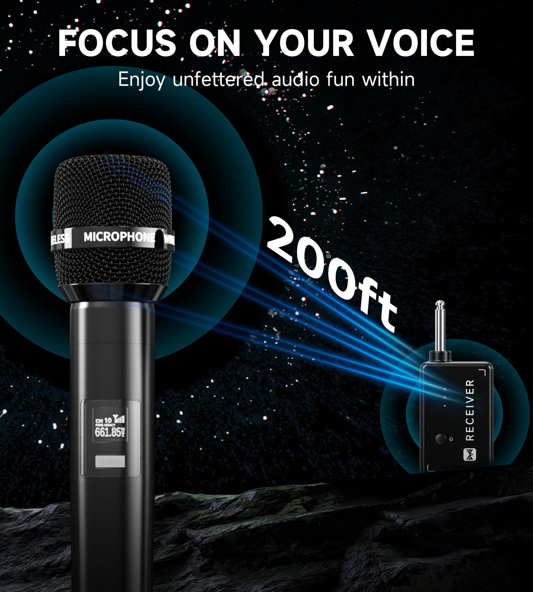 Wireless Microphones, Wireless Microphone with One-to-One Chip Connection, 40H Rechargeable Battery, 200FT Range, Plug and Play, Ergonomic Design,Less Latency Microphone for Singing, Speech, Party