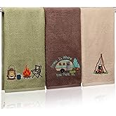 SmoothNovelty 3 Pcs Camping Hand Towels 14 x 29 Inch Decorative Cotton Embroidered Bonfire Rv Tent Kitchen Towel Farmhouse Campfire Wash Cloths for Campers Gift Cooking Drying