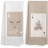 NOQL Trendy Western Cowboy Cowgirls Home Decor Kitchen Towels and Dishcloths Set of 2, Western Gifts, Beige Western Country Bull Skull Drying Cloth Hand Dish Tea Towels for Bathroom Kitchen, 16x24Inch