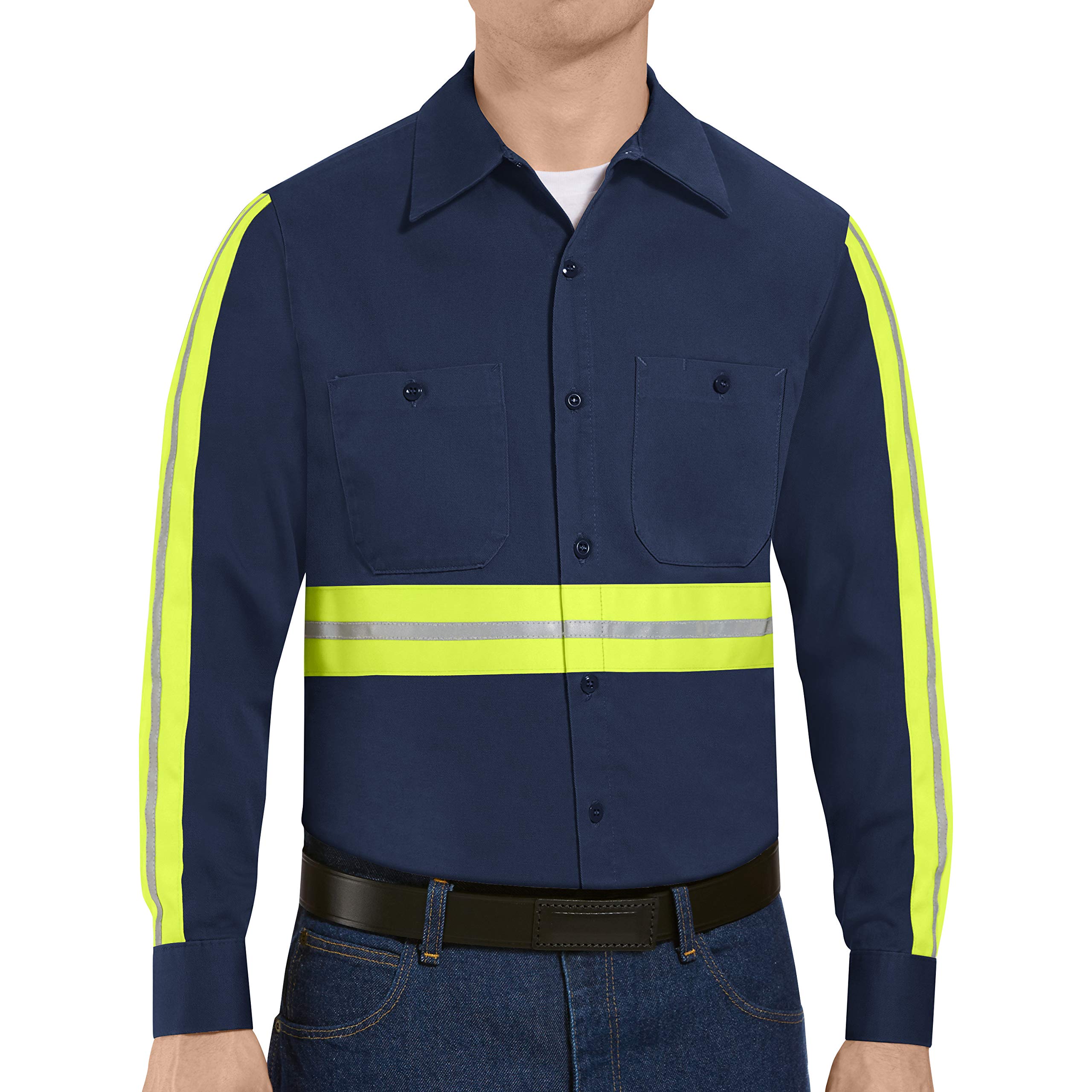 Red Kap mens Short Sleeve Wrinkle-Resistant Cotton Work Shirt Navy with Yellow/Green Visibility Trim X-Large