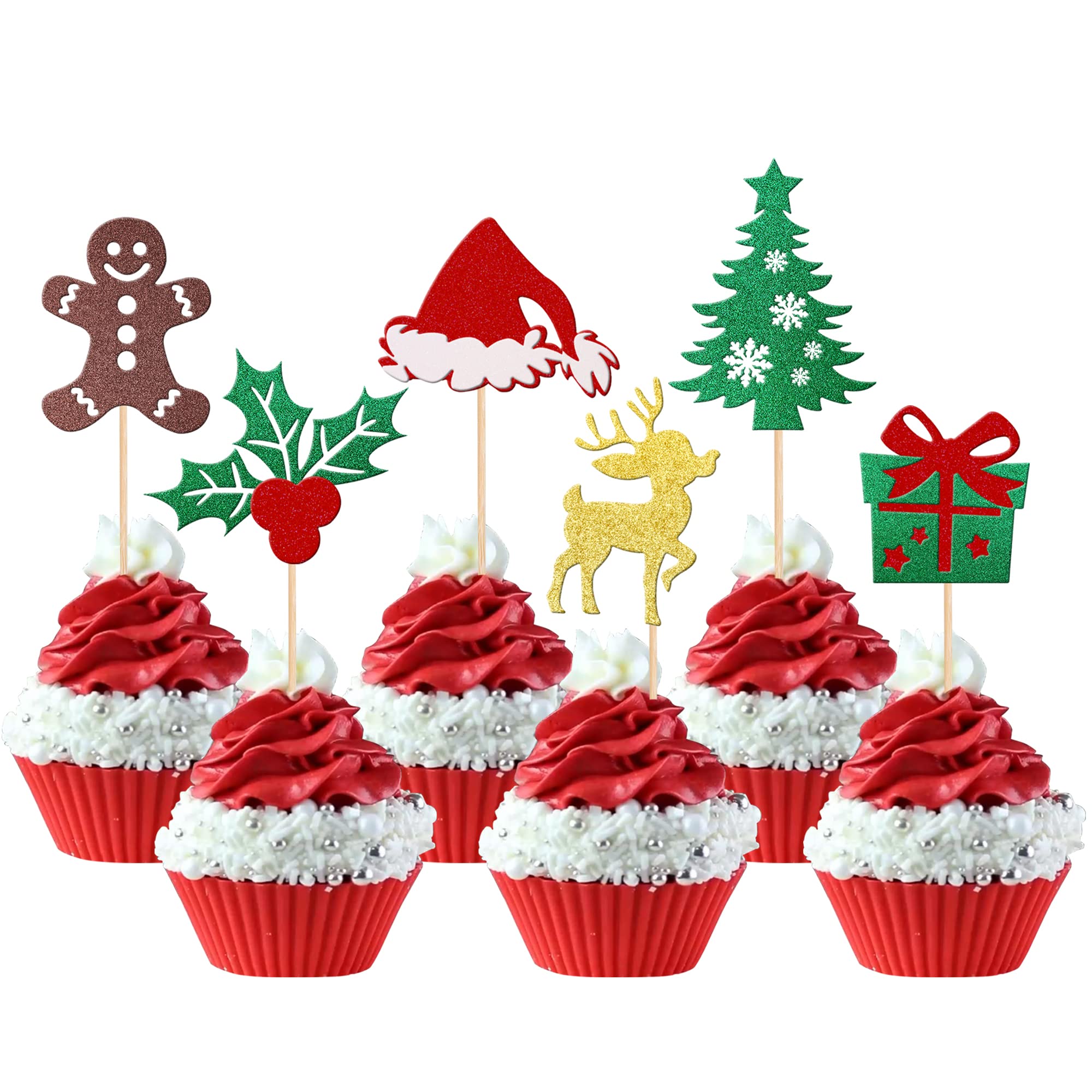 Xsstarmi 24 Pack Christmas Cupcake Toppers Glitter Holly Leaves and Berries Santa Hat Cupcake Picks Christmas Deer Tree Cake Decorations for Merry Christmas Theme Holiday Birthday Party