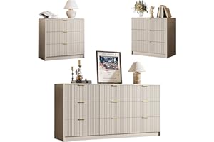 MAISONARIA 3-Piece Dresser Bedroom Set, 9 Drawer Dresser & 3 Drawer Nightstands with Gold Handles, Fluted Wood Chest of Drawers for Bedroom, Living Room, Entryway, Beige