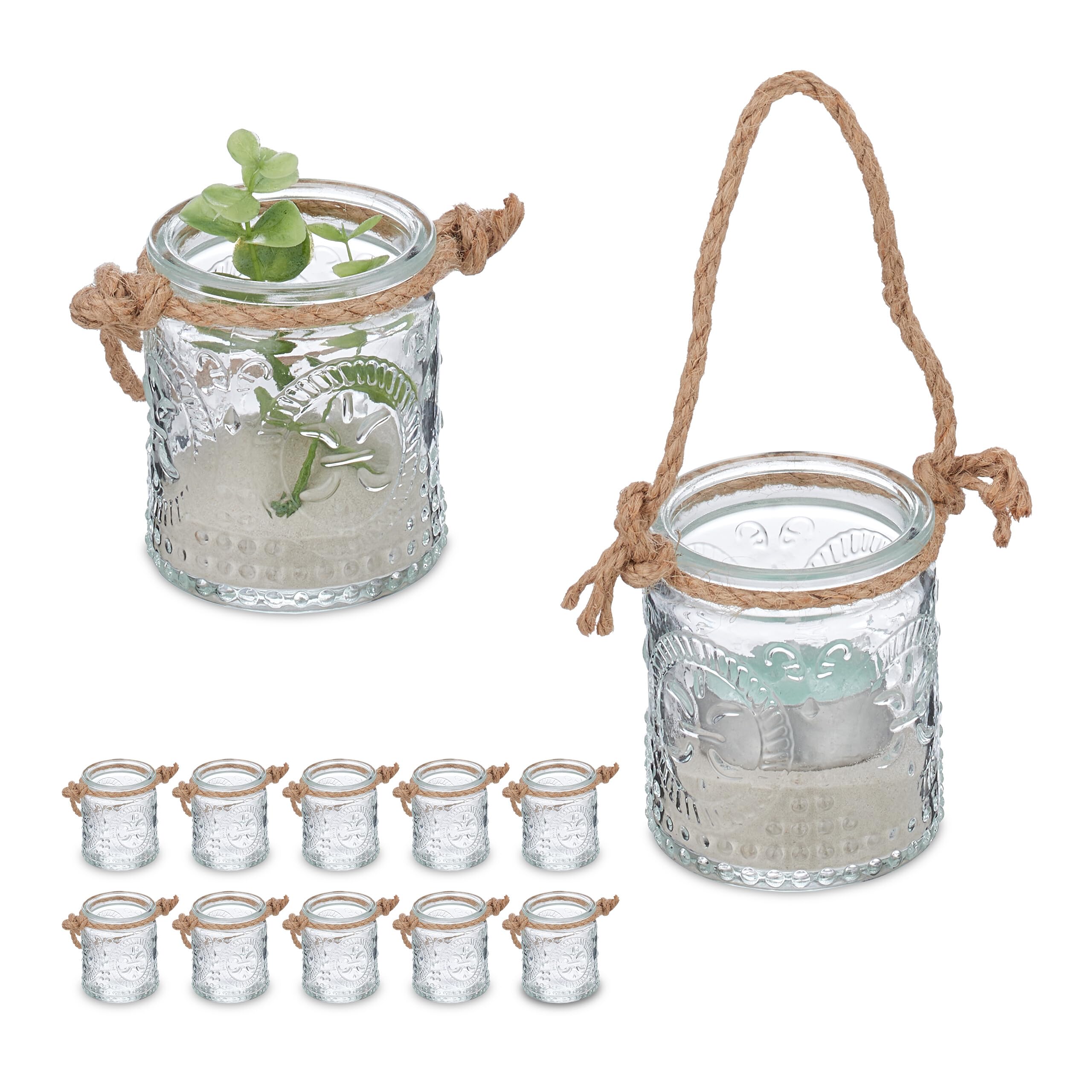 Relaxdays Candle Lanterns, Set of 12, Glass, with Handle, Indoors & Outdoors, Tealight Holders, 7x6 cm, Clear/Brown