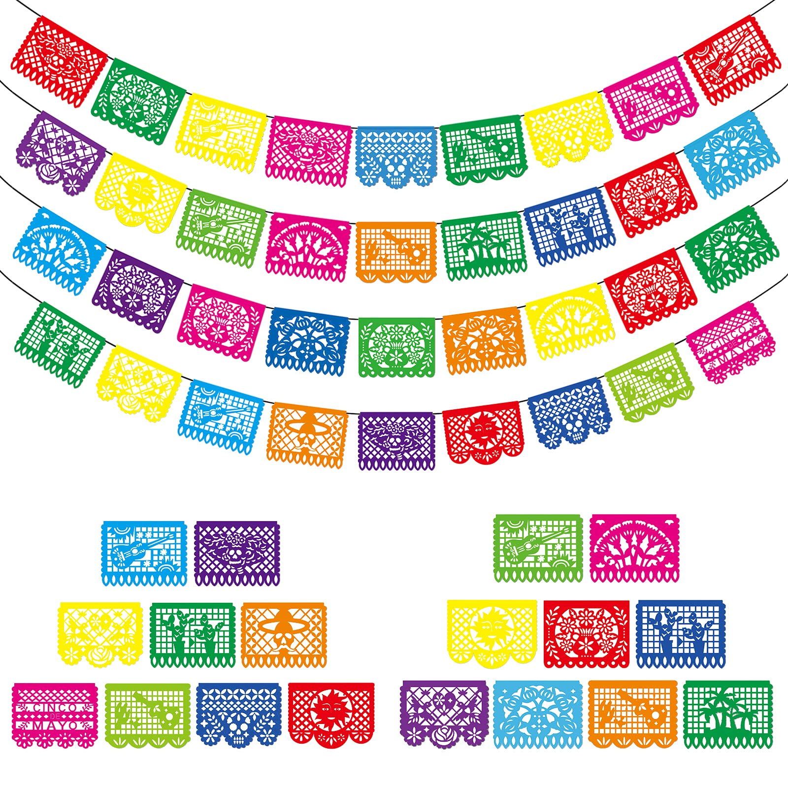 Uiopa 4 Pack Mexican Bunting Banner Party Decorations Colorful Garden Birthday Banner Plastic Waterproof Fabric Outdoor Bunting Flags for Day of the Dead, Mexican Fiesta Party, Cinco de Mayo, Easter