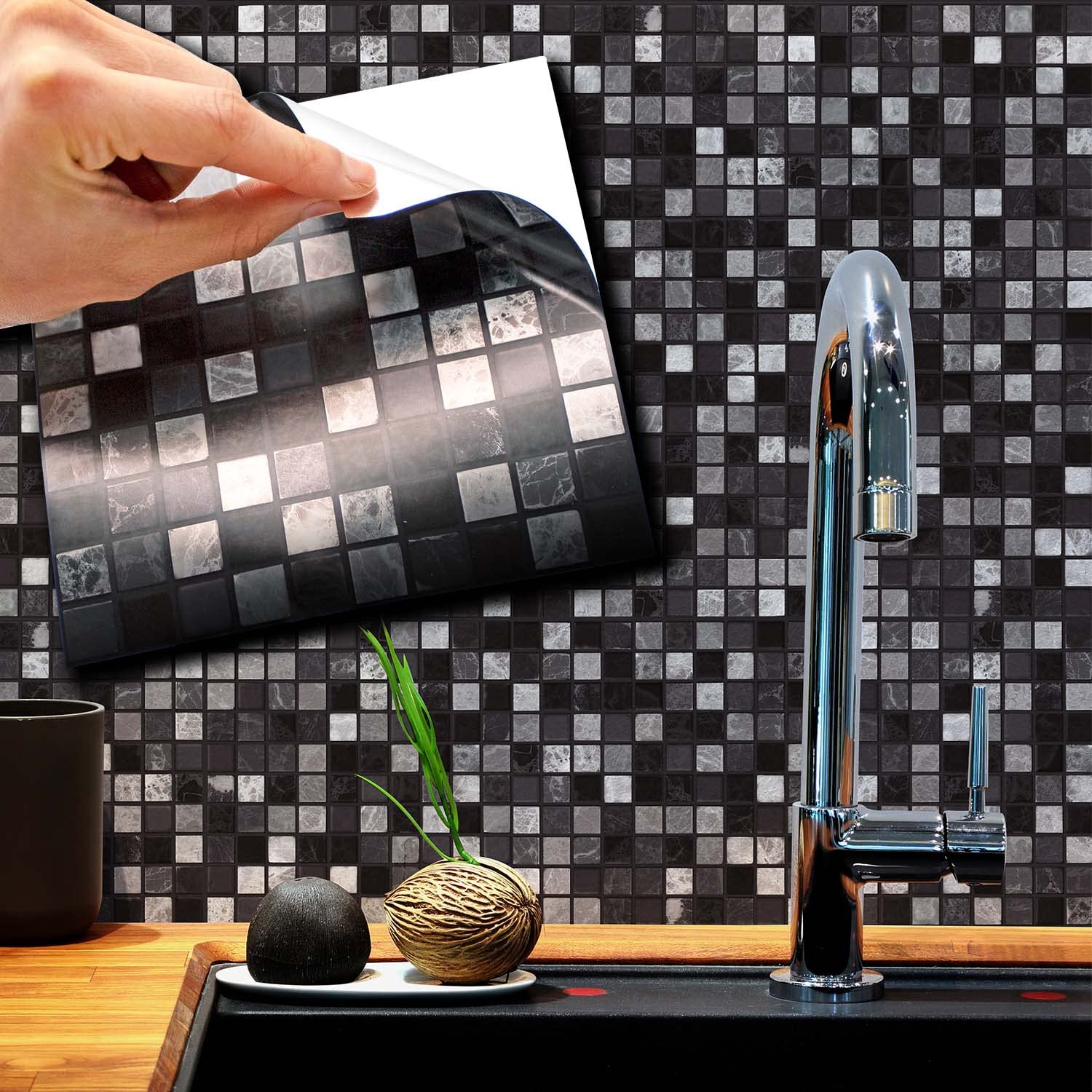 WALPLUS 15cm(6")@72pcs Marquina Metallic Black & White Marble Mosaic Wall Tile Sticker Tile Paint Stick on Tiles Peel and Stick Self Adhesive Tile Sticker for Kitchen Bathroom Tile Transfer Backsplash