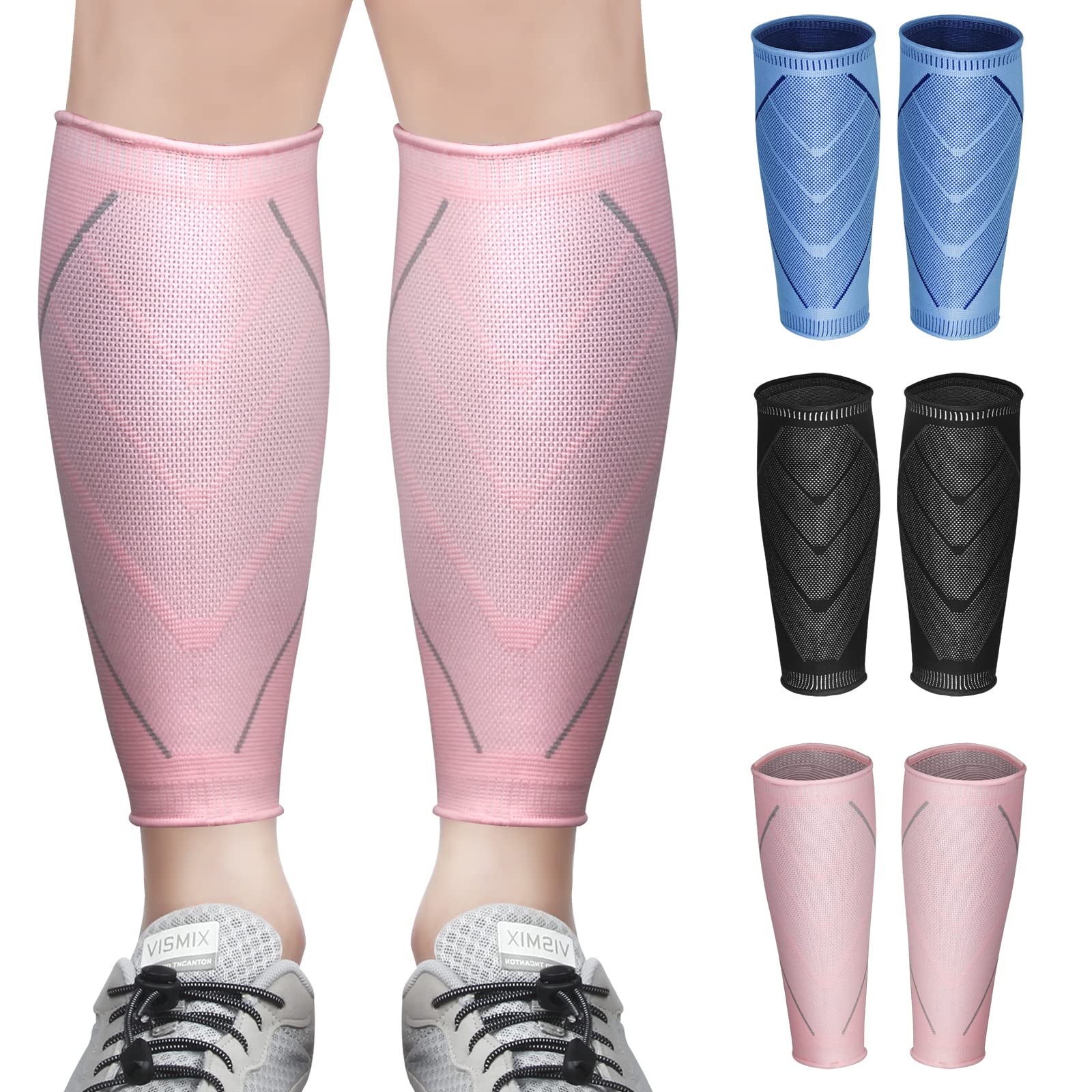 Calf Compression Sleeves for Women & Men 2 Pack Elastic Calf Support Footless Socks Ventilation Calf Brace for Pain Relief, Sports Recovery, Cycling, Travelling, Gym Calf Guards (Pink, L)