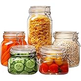 Multi Size - 5 Pack Square Glass Jars with Airtight Lid, Wide Mouth Mason Jars with Clamp Lids, Air Tight Glass Canisters, Best Food Storage Containers for Cereal, Pasta, Rice, Sugar, Coffee, Spice