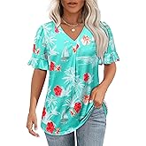 Womens V Neck Hawaiian Shirts Floral Printed Ruffle Short Sleeve Summer Casual T-Shirt Trendy Beach Blouses Tops