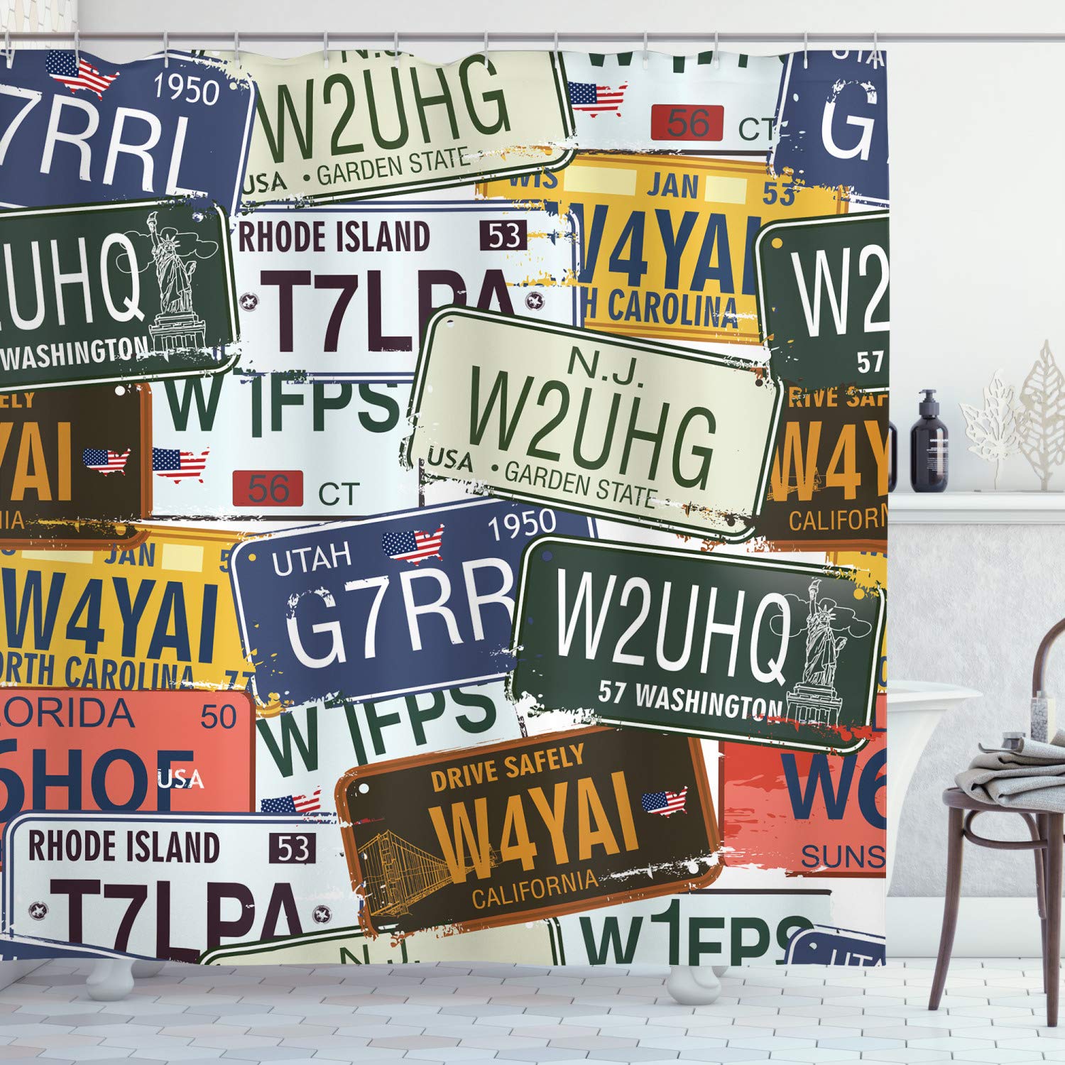 ABAKUHAUS Vintage Shower Curtain, Original Retro Style License Plates Personalized Creative Travel Vacation, Cloth Fabric Bathroom Decor Set with Hooks, 86 Inches Extra Long, Green Blue Yellow