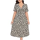 Floerns Women's Plus Size Cheetah Midi Dress Twist Front V Neck Short Sleeve A Line Dresses