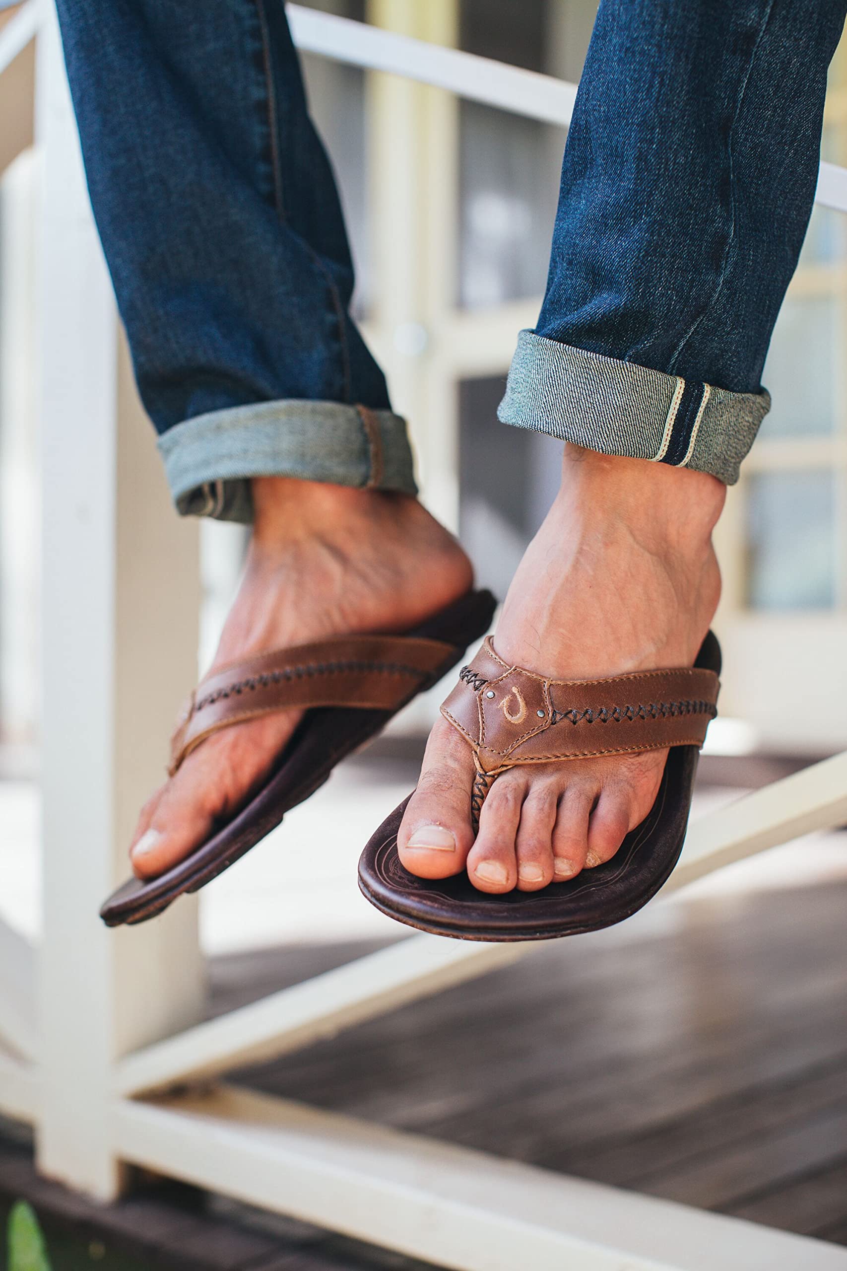 OLUKAI Mea Ola Men's Leather Beach Sandals, Soft & Durable Flip Flops, Arch Support & Comfort Fit, Enhanced Grip & Traction