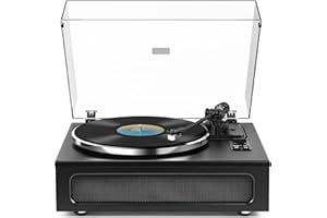 WOCKODER Record Player for Vinyl with Four Stereo Speakers Belt Drive Turntables Vinyls Records Built-in 2 Tweeter and 2 Bass HiFi LP Turn Tables MM Cartridge Phonograph Wireless Pairing Classic Black