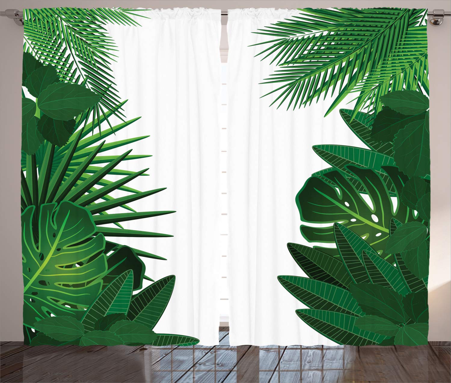 ABAKUHAUS Leaf Curtains, Exotic Fantasy Hawaiian Tropical Palm Leaves Floral Graphic Artwork Print, Living Room Bedroom Window Drapes 2 Panel Set, 280 x 175 cm, Green White — image 1