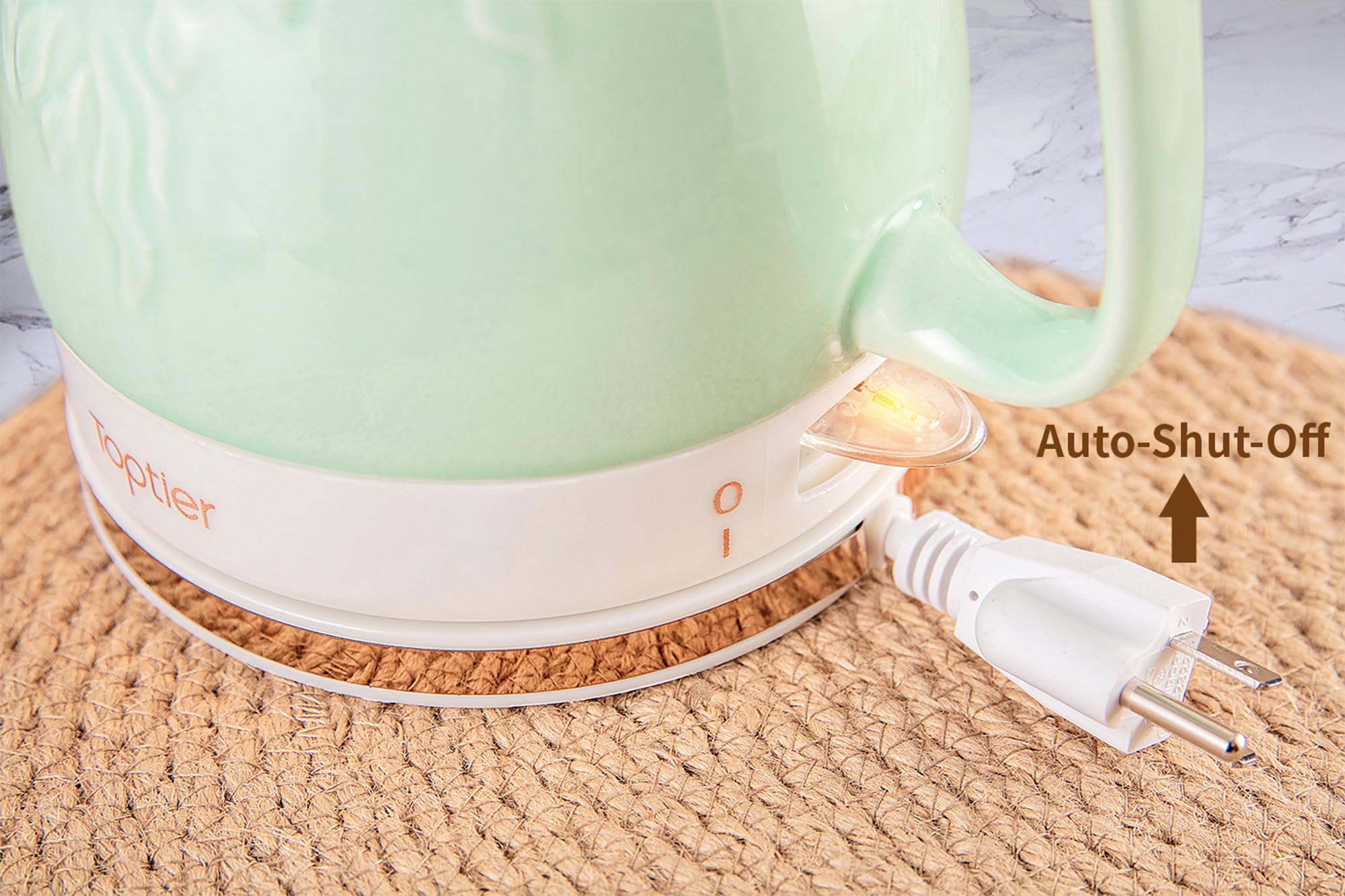 Toptier Electric Ceramic Tea Kettle, Boil Water Quickly and Easily, Detachable Swivel Base & Boil Dry Protection, Carefree Auto Shut Off, 1 L, Green Leaf