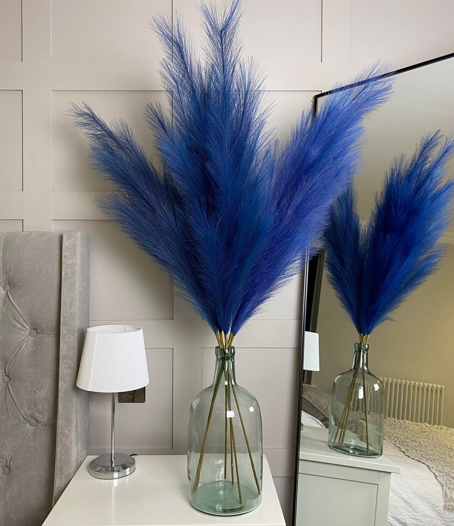 VOULUX Extra Large Tall Blue Fake Faux Artificial Pampas Grass Large Fluffy x3 115cm Stems x18 Decorative Artificial Flora Feathers For Floor Vases Tall Blue Plant Flowers Long Pampas Grass