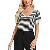Sarefii Dressy Tops for Women Lace Knit Striped T Shirt Short Sleeve V Neck Shirts Business Casual Work Tops Summer Trendy