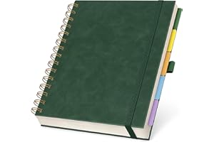 OF A HAPPY KIND Hardcover Leather Lined Spiral Notebook 8x10" with Removable Dividers - Green - 300 Pages 5 Subject College Ruled Notebook for Work with Tabs, Pockets, and Pen Loop for Note Taking, Large Journal