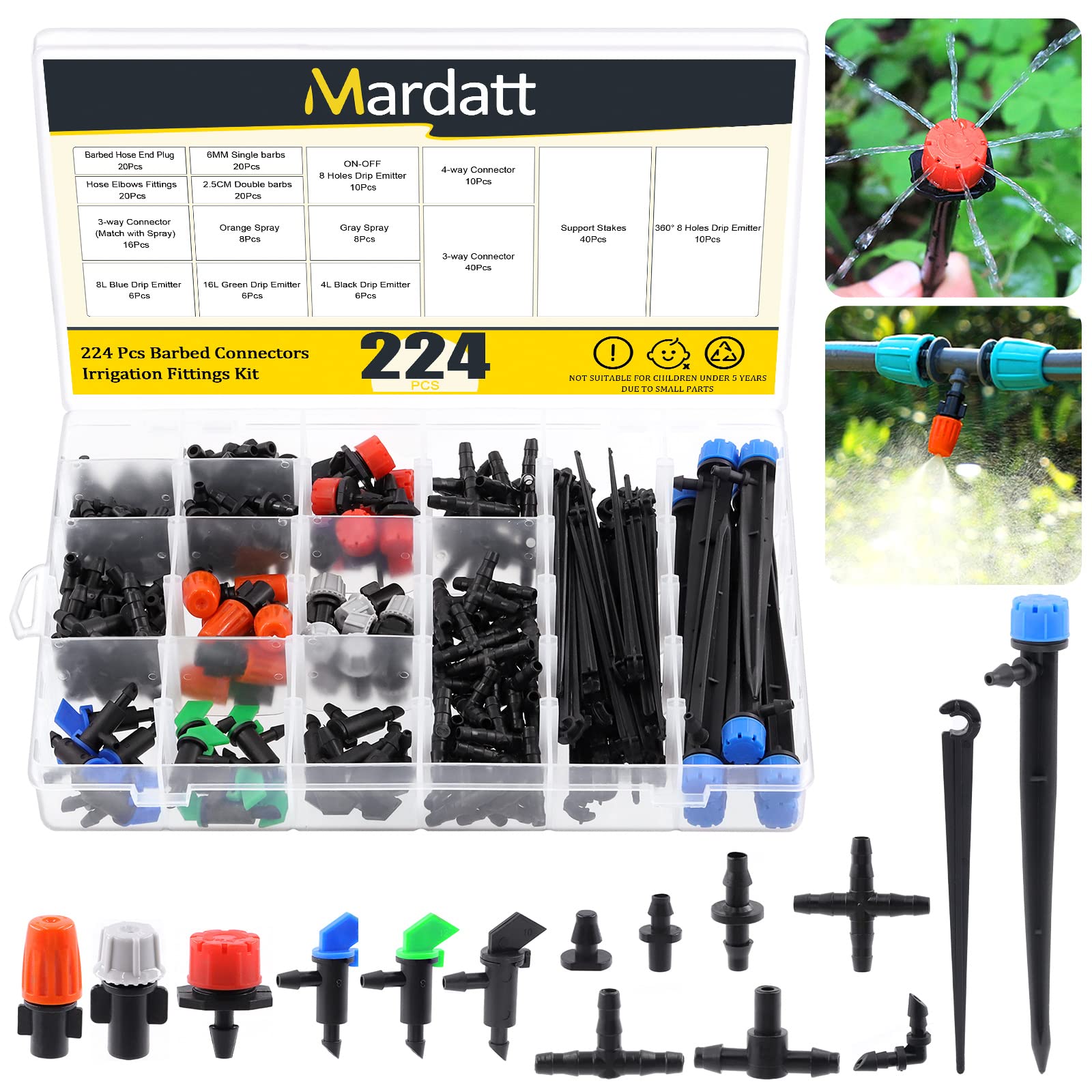 Mardatt 224Pcs Drip Irrigation Barbed Connectors 1/4''Tubing Fittings Kit with Elbows, End Plug, Straight Barbs, Sprinkler Nozzle, Tees,Elbows, 4-Way Coupling for Garden Lawn Agriculture Hydroponic
