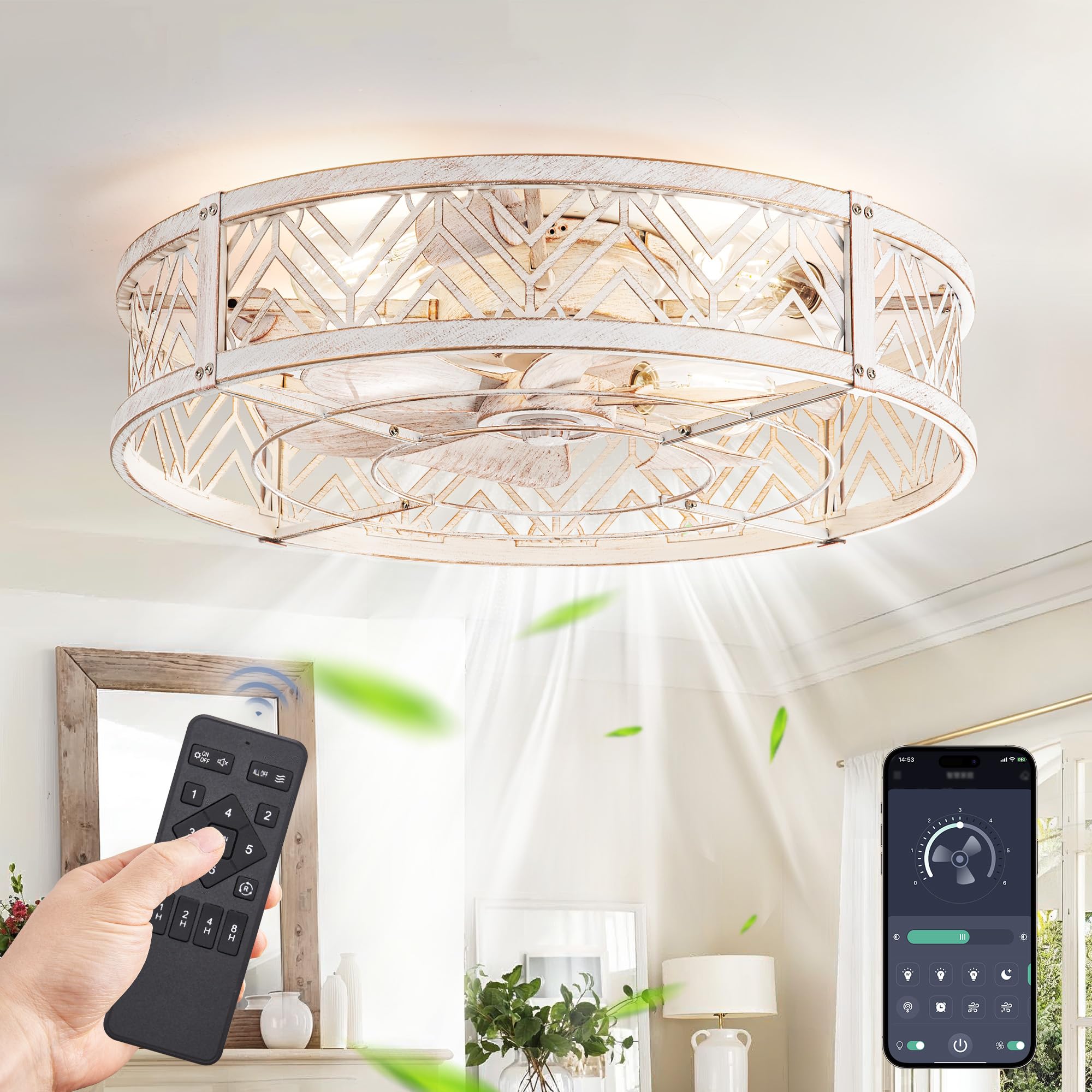 Photo 1 of LEDIARY 23" Caged Ceiling Fan with Light, Large Flush Mount, App&Remote Control, Low Profile Bladeless Fan Light Fixture 6 Speed, Reversible and Quiet Motor-White Gold