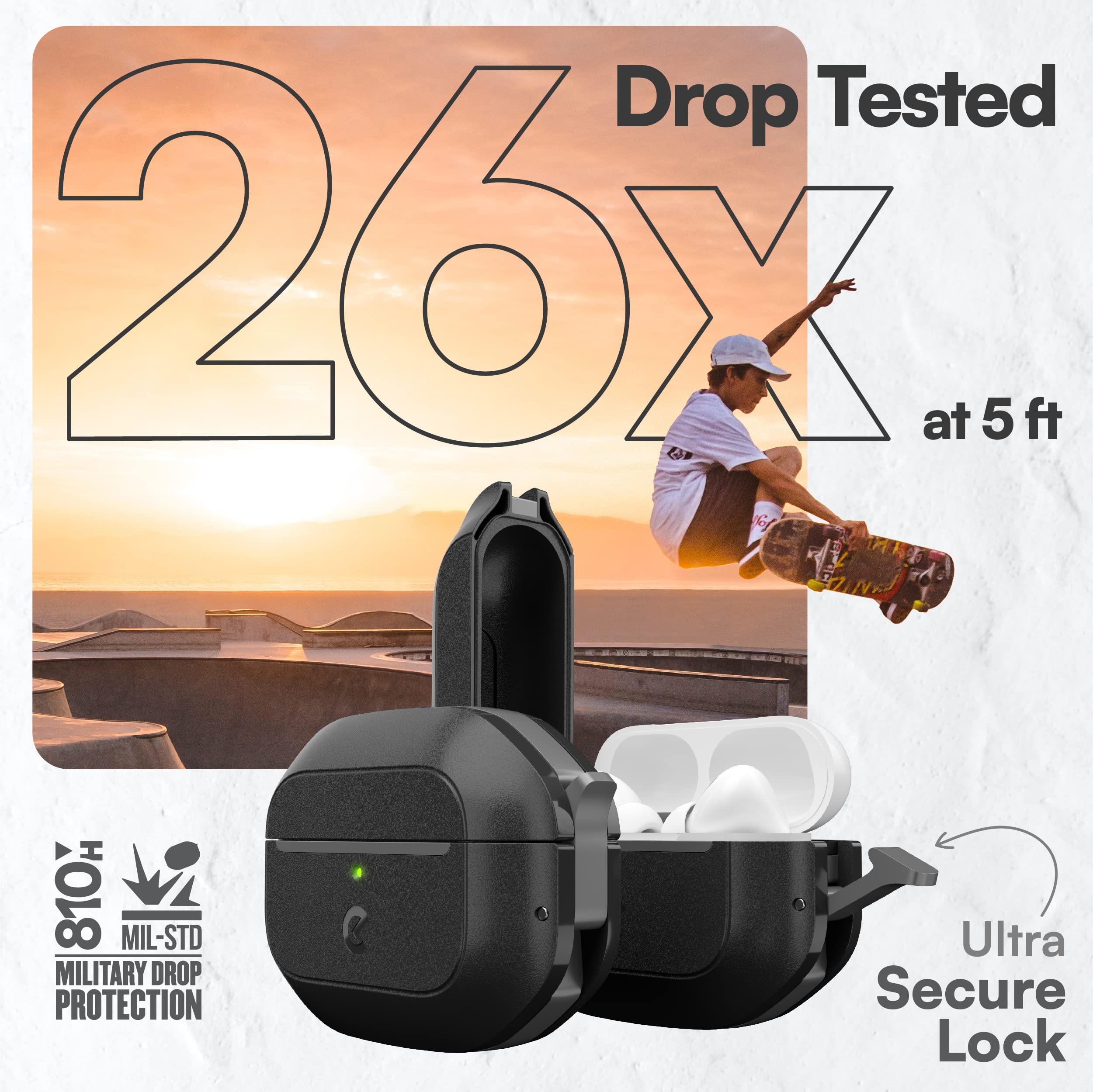 Keybudz for AirPods Pro Case with Lock - Fully Waterproof AirPods Pro 2nd Generation Case Cover - Keychain, Rugged Tough Protection, Hard Shell and Carabiner for USB-C/Lightning (Carbon Black)