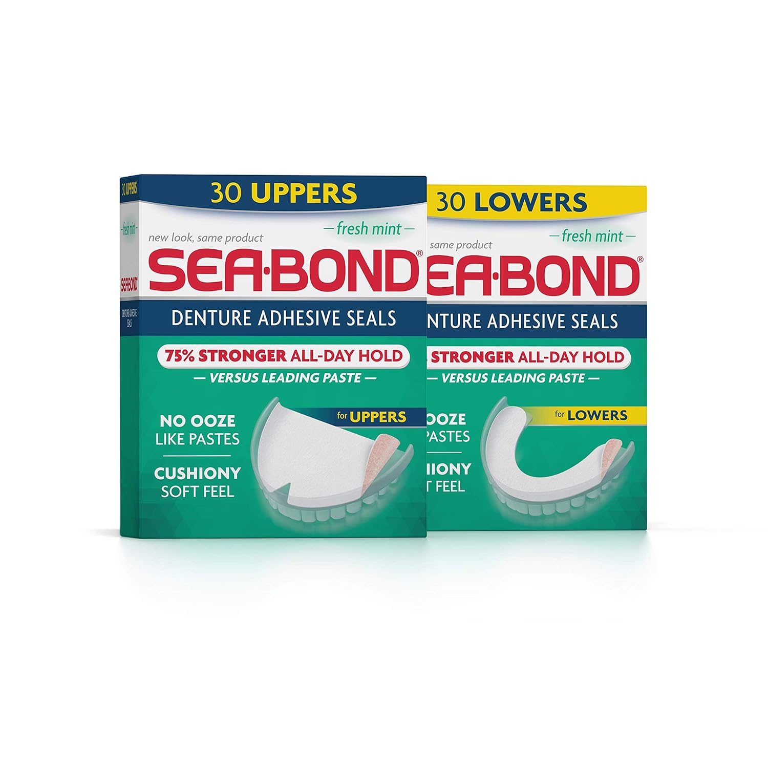 Sea Bond Secure Denture Adhesive Seals Multipack, Zinc Free, All Day Hold, Mess Free, Fresh Mint Uppers and Lowers- 30 each : Beauty
