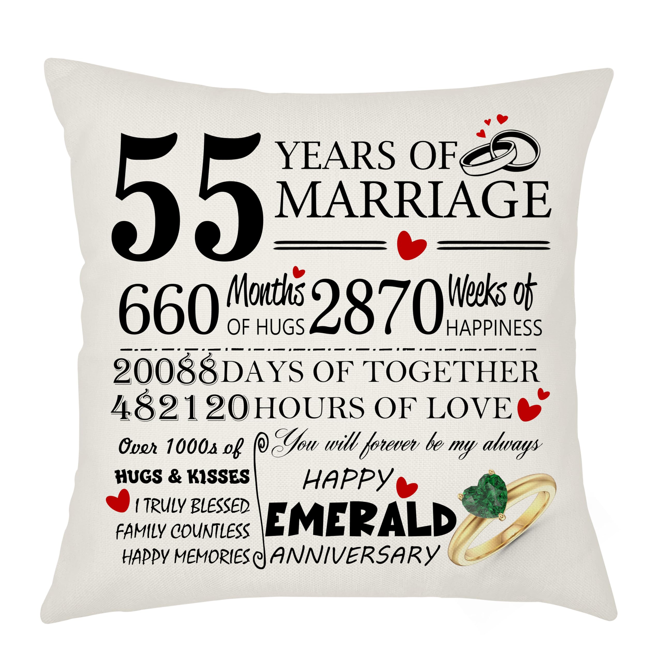 55th Anniversary Cushion Cover Gift for Wife & Husband - Emerald Anniversary Keepsake Present - 45x45cm