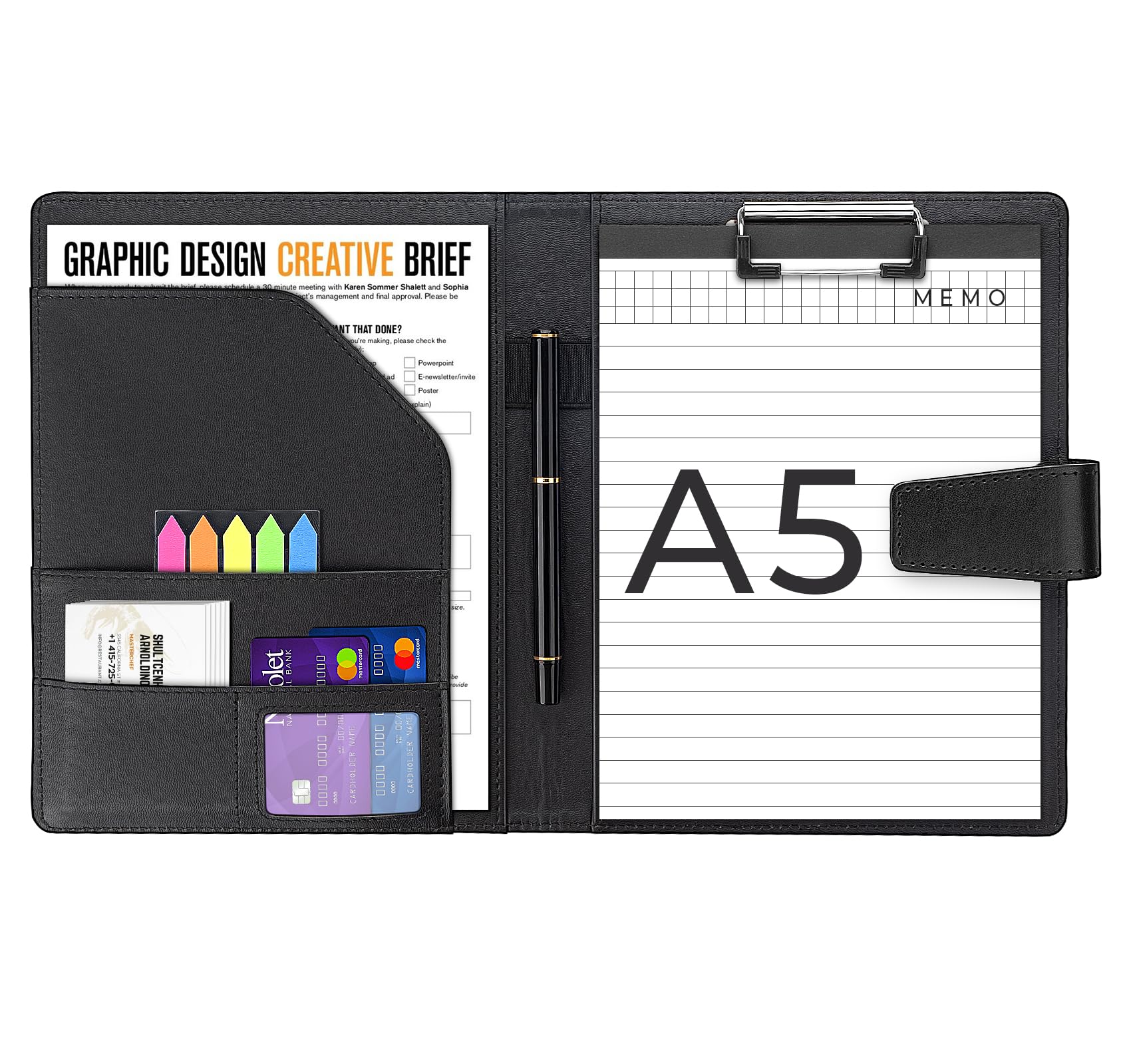 Photo 1 of A5 Leather Portfolio Binder, Interview Legal Document Organizer with Magnetic Closure Cover with A5 Sized Papers,Sticky Tabs,Pen,Mini Document Organizer Folder for Men Women,Black