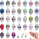 Hicarer 62 Pcs Halloween Sugar Skull Charms Enamel Beads, Chic Style | Day of The Dead Theme, 31 Styles Colorful Pendants for DIY Necklaces Bracelets Earrings Key Chains Jewelry Making Accessories