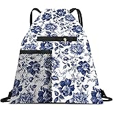 AYBELWG Drawstring Backpack Sports Gym Bag, Large String Swim Bag for Beach With Water Bottle Mesh Pocket, Cute Gym Sack with Zipper Pocket for Men Women Cute Blue Floral