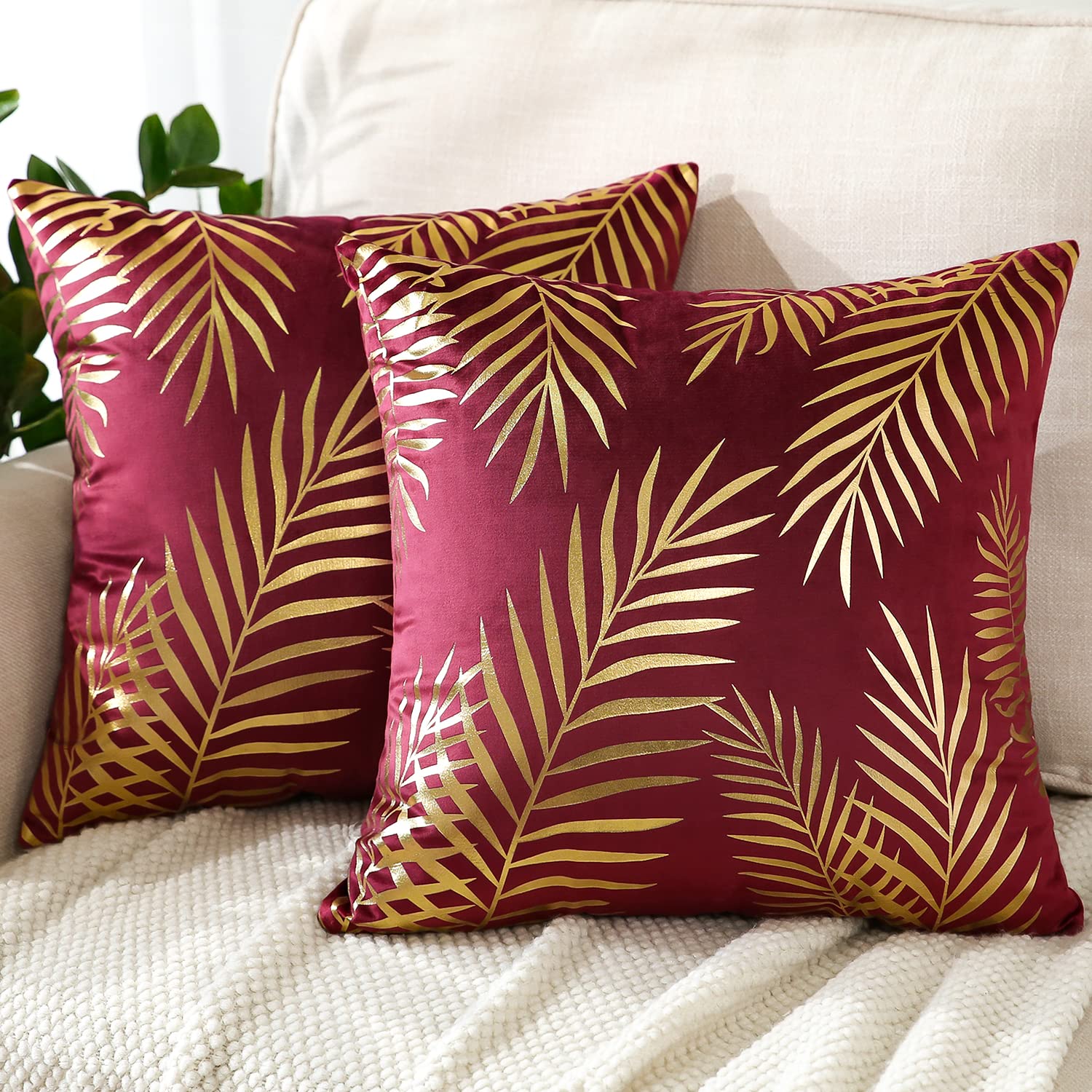 JOTOM Set of 2 Cushion Covers 45x45cm Velvet Decorative Throw Pillow Covers Gold Leaves Decorative Pillow Cases Bronzing Cushion Cover for Couch Bedroom Sofa Car Home Living Room Decor (Burgundy)