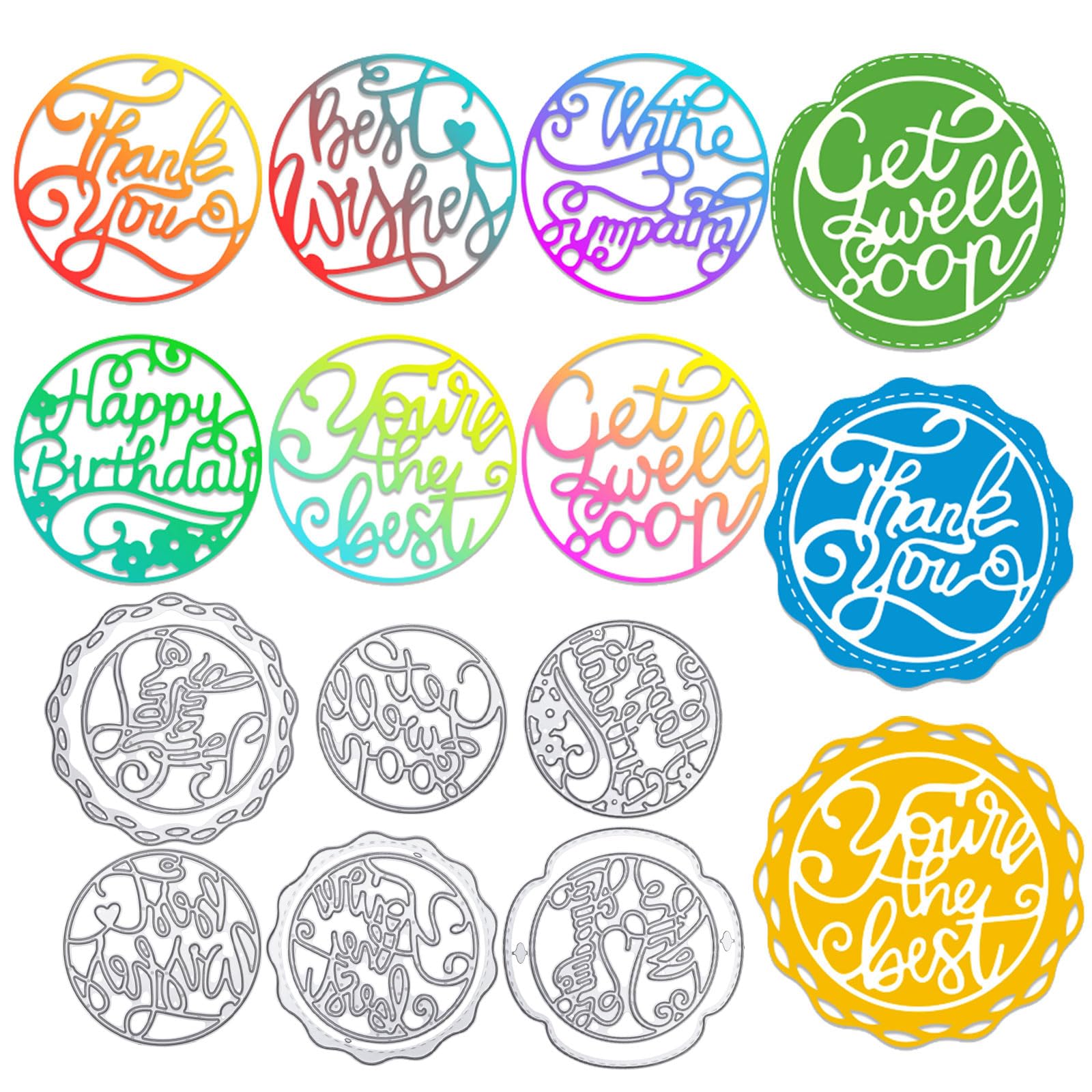 ORIGACH 9 Pcs Circle Words and Round Lace Flower Border Metal Cutting Dies Sentiments and Frame Die Cuts Embossing Stencil Template for Card Making and DIY Scrapbooking