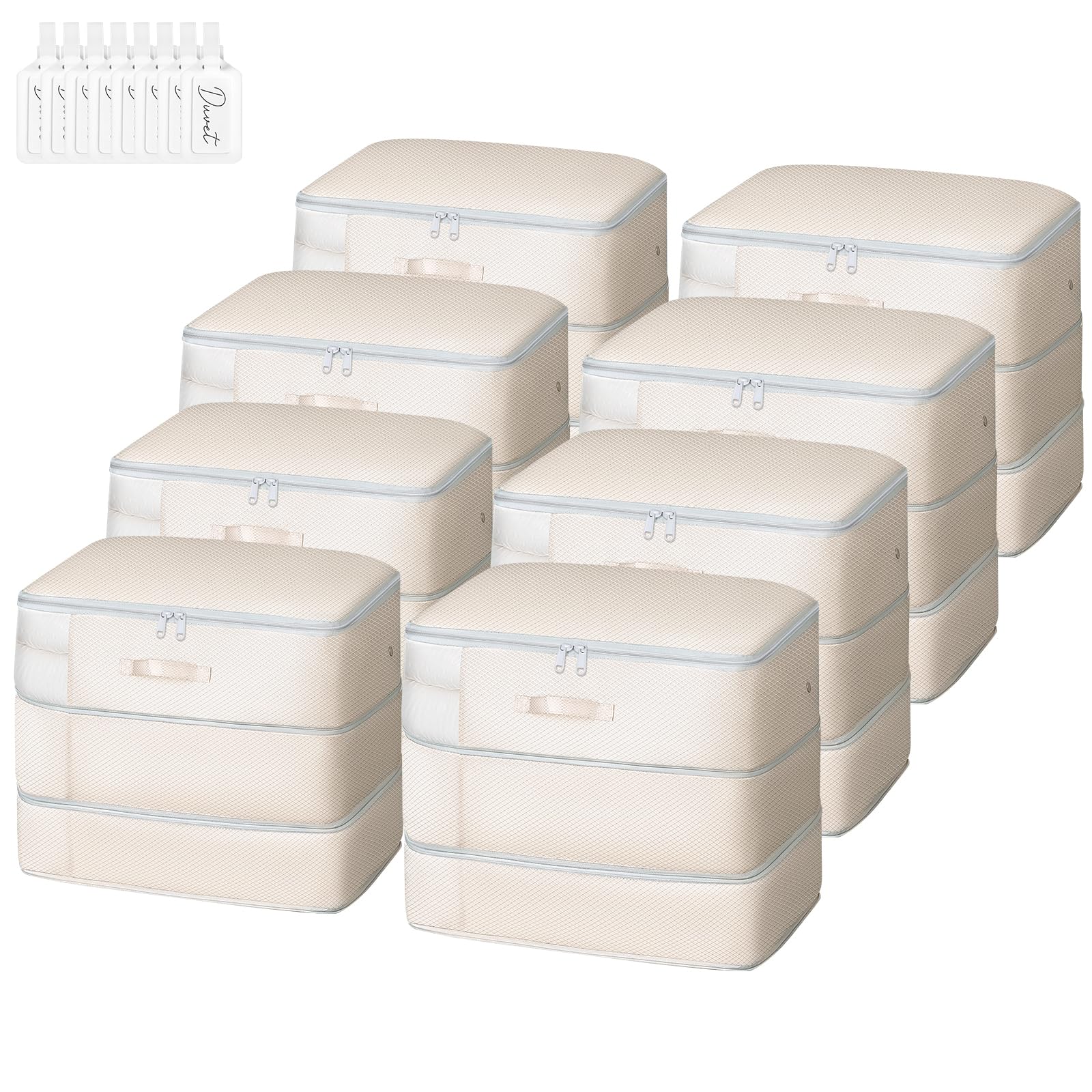 Easortm Comforter Storage Bag - Large Capacity Blanket Storage Bags 3-Layer Ultra Space Saving Self Compression Organizer, Washable Compression Bags for Storage Comforter Blanket, 8-Pack, Beige Image