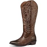 mysoft Women's Wide Calf Cowboy Boots Pull on Cowgirl Embroidered Mid Calf Pointed Toe Chunky Heel Western Boots
