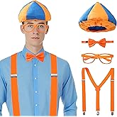 Zrycn 4PCS Costume Roleplay Accessories, Orange Blue Hat & Orange Suspenders & Bow-tie & Lensless Glasses, Dress Up Party Supplies, One Size Fits Most Adults Teenager